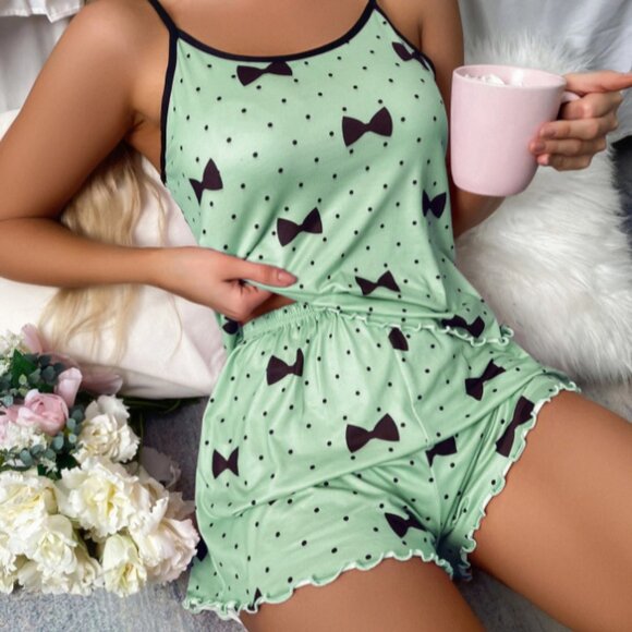 2/$30 2 Pcs Pajama Set Green Loungewear Shorts Tank Top Bow Nightwear Sleepwear - Picture 1 of 4